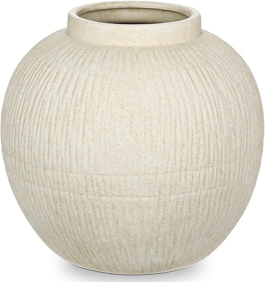9" Large Rustic Vase with Linear Sculpture and Rich Sand Texture, Round Ceramic Vase with Wide Belly for Space Filling Decor, Retro Style & Beige White