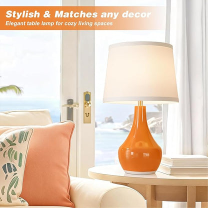 Seealle Modern Ceramic Table Lamps for Night Stands - Bedside Lamps Set of 2 for Nightstand,Orange Bedroom Lamp for Living Room Cute Desk End Table Office Guest Room Dresser Rocker Swtich