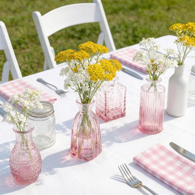Pink Ombré Glass Bud Vase Set of 12, Vintage Embossed Mini Flower Vases for Centerpieces, Wedding, Bridal Shower, Baby Shower, Birthday Party, Decorative Small Glass Bottles for Home Decor