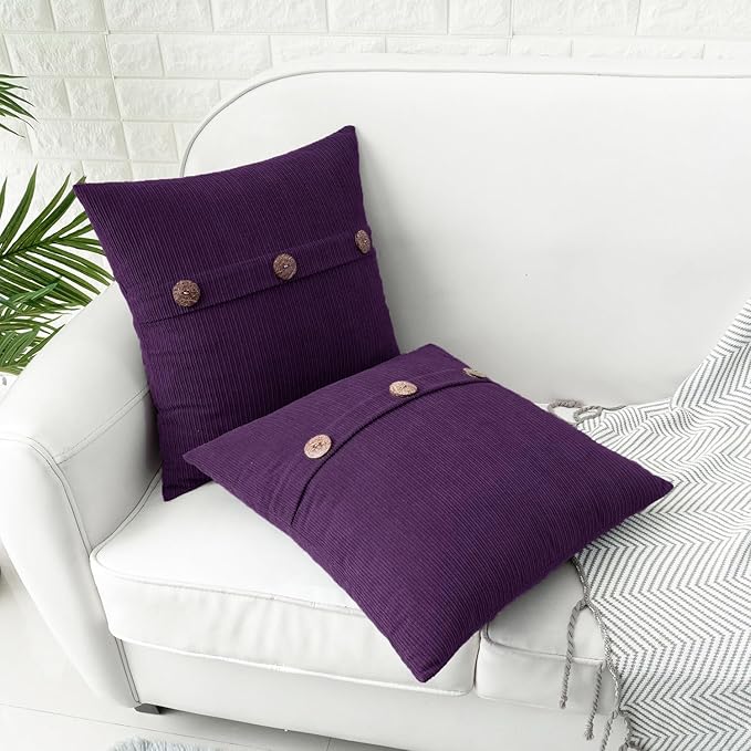 HWY 50 Purple Chenille Throw Pillow Covers 16x16 Inch with Triple Buttons, Soft Farmhouse Accent Decorative Cushion Cases for Couch Sofa Bed Bedroom Pack of 2