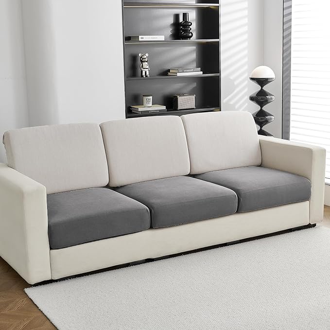 Individual Couch Cushion Covers, Non-Fuzzy Chenille Sofa Covers for Seat Cushions, Clean Look, Durable Stretch Fit Couch Slipcovers for Sectional and L Shaped Sofas (3 Piece, Grey)