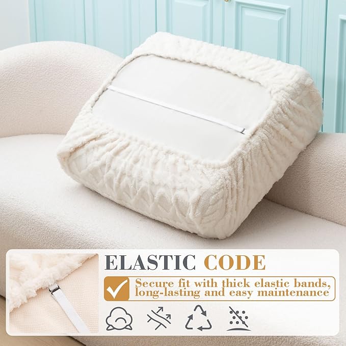 3 Pcs Jacquard Couch Cushion Covers for Sofa Stretch Plush Soft Seat Cover Washable Sofa Slip Covers with Elastic Bottom Modern Boho Furniture Protector for Sectional Slipcovers(Cream)