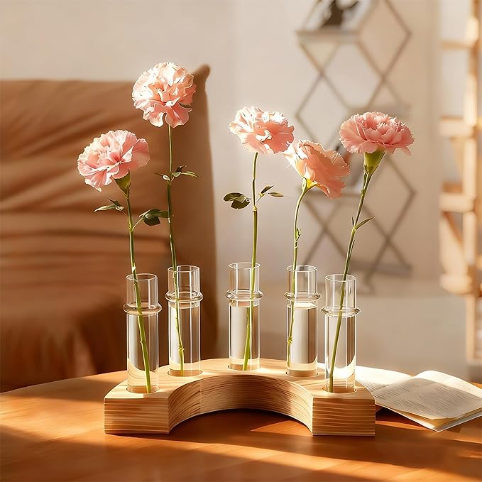 Plant Propagation Station with Wooden Stand, Valentines Day Gift, Glass Propagation Vase for Plants, Plant Terrarium Birthday Gifts for Women Mom Plants Lovers, Home Office Garden Decor, 5 Glass Tubes