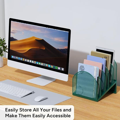 5-Section Desk File Organizer, Metal Mesh Folder Organizer for Documents, Mail & Office Papers (Green)