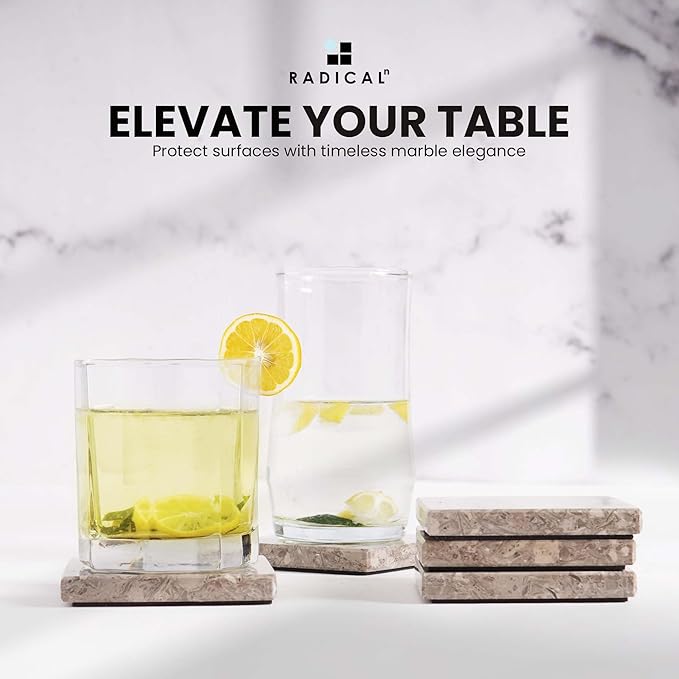 Radicaln Marble Coasters Square 3.5" Inches Oceanic Handmade Bar Style Coaster Set, Ideal Drink Coasters for Modern Home Bars, Absorbent Coaster Set of 6