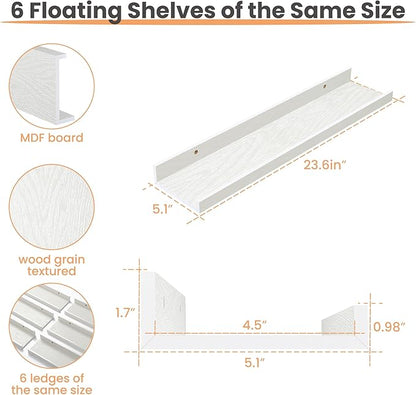 upsimples Floating Shelves for Wall, 23.6 Inch Shelves for Decor Storage Set of 6, Wall Mounted Wood Shelf for Bedroom, Living Room, Bathroom, Kitchen, Long Picture Ledge Shelves, White