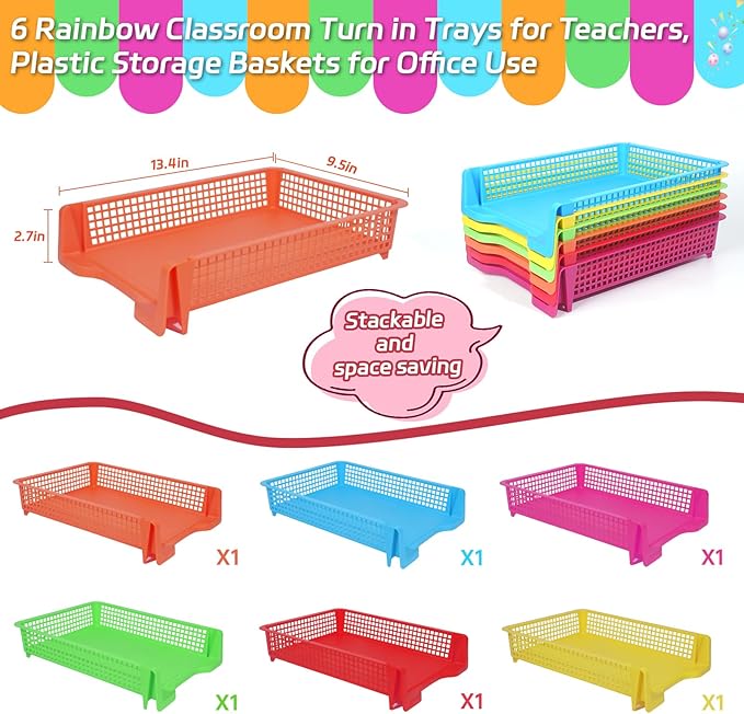 ZZYFGH 6 Pack Turn in Trays for Teachers, Plastic Classroom Paper Organizers, Colorful Storage Baskets for Office, Stackable Office Desktop Document Paper Storage(13.4 * 9.5 * 2.7in)