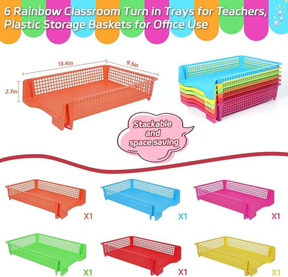 ZZYFGH 6 Pack Turn in Trays for Teachers, Plastic Classroom Paper Organizers, Colorful Storage Baskets for Office, Stackable Office Desktop Document Paper Storage(13.4 * 9.5 * 2.7in)