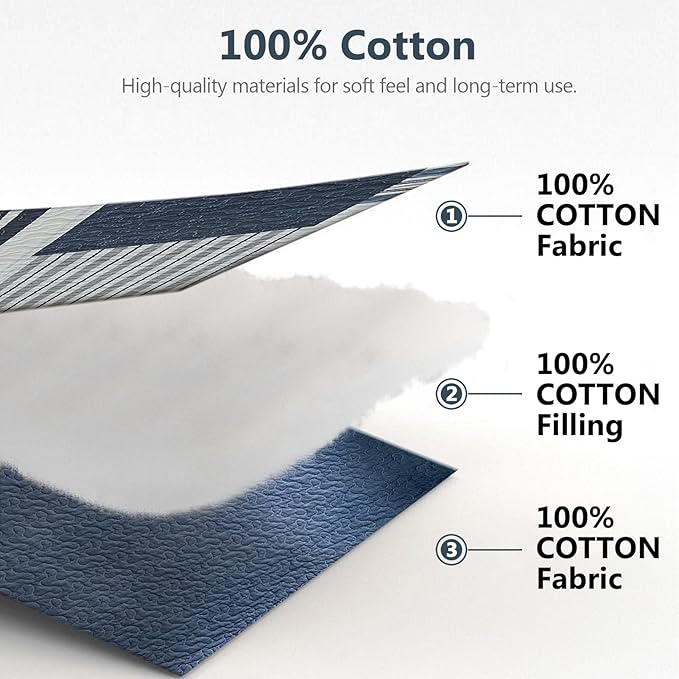 100% Cotton 120"x120" Oversized Quilt Bedspread, Plaid Patchwork California King Extra Large Quilt Bedding Set, Reversible Cal King XL Bed Spread Lightweight Comforter, Blue, 3Pcs
