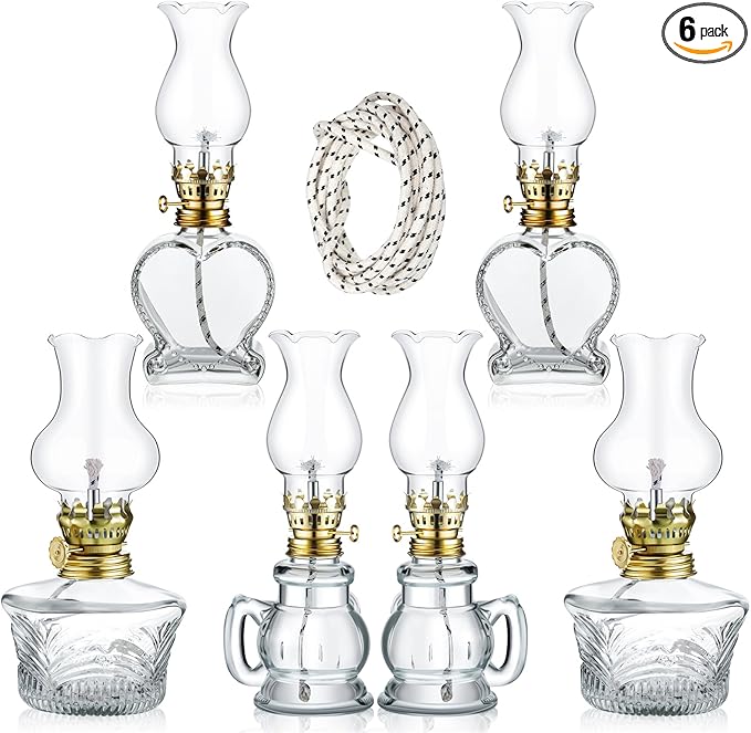 Yexiya 6 Pcs Chamber Oil Lamps Oil Lamp Vintage Glass Kerosene Lamp Bulk with Adjustable Fire Wick Rustic Clear Hurricane with 6.6 ft Extra Wick for Indoor Use Home Decor 8 Inch (Heart)