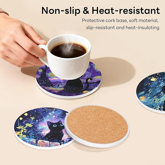 6-Piece Ceramic Coaster Set with Tray Diameter: 3.94 in Thickened Absorbent Material Heat-Resistant and Water-Absorbent Coaster Set Suitable for All Types of Cups， Van Gogh Cats