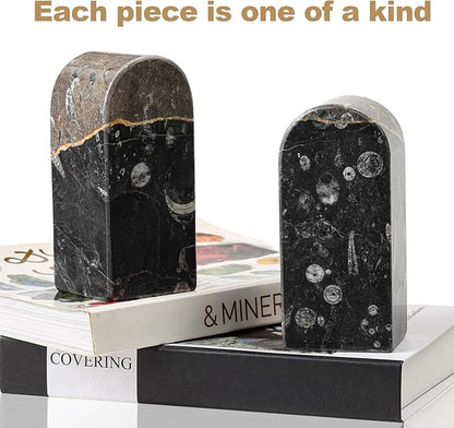 Koville Moroccan Natural Marble Bookends for Shelves, Decorative Book Ends, 7lbs Heavy-Duty Marble Book Holders, Bookshelf Apartment Decor for Normal Books/CD/Video Games(Black Fossil)