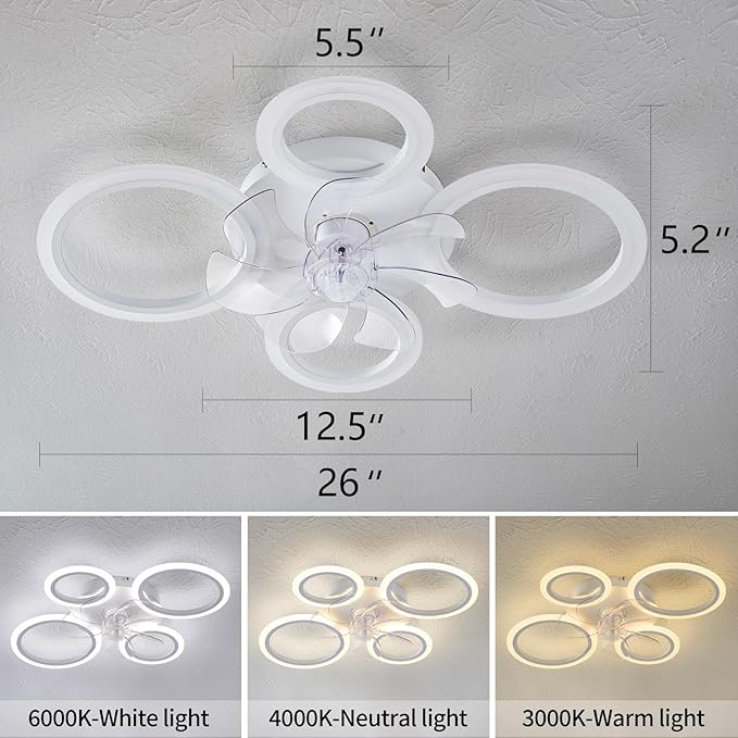 HuixuTe 26" White Geometric Circular Ceiling Fan with Lights Remote Control, 3 Colors 6 Speeds Low Profile Ceiling Fan with Light for Kitchen Bedroom