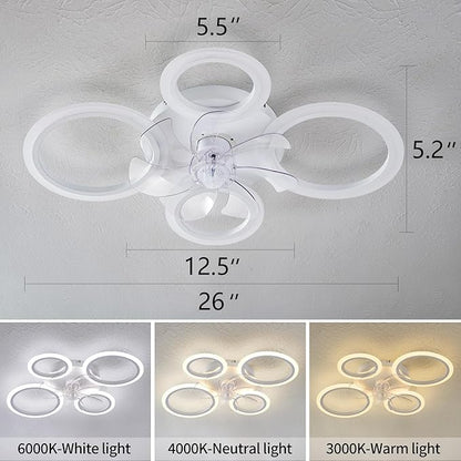 HuixuTe 26" White Geometric Circular Ceiling Fan with Lights Remote Control, 3 Colors 6 Speeds Low Profile Ceiling Fan with Light for Kitchen Bedroom