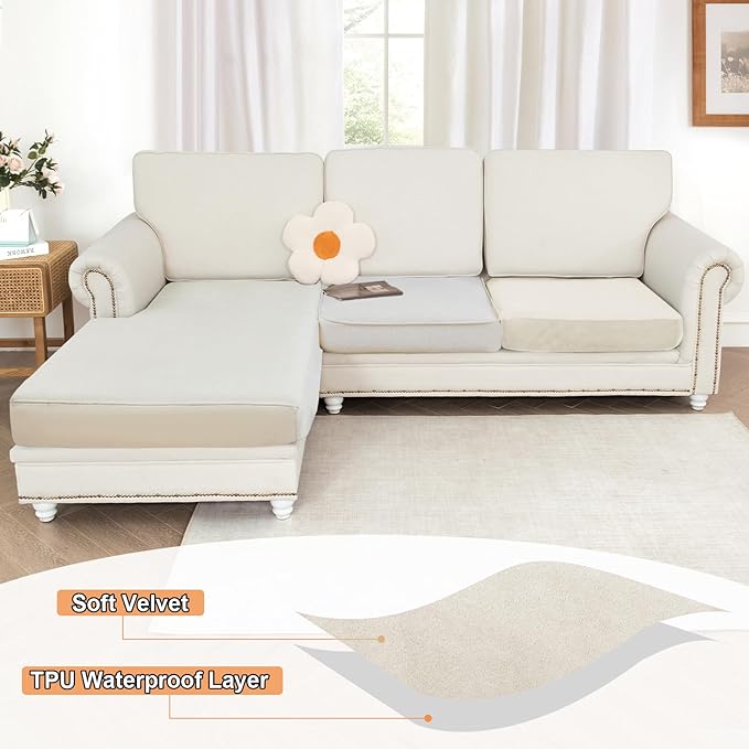 NAISI Waterproof Couch Cushion Covers Thick Velvet Fabric Washable Sofa Slipcovers 1 Piece Individual Sectional Couch Covers with Elastic Bottom(1 PC for Seat Cushion or Backrest,Ivory White)
