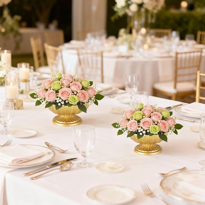 Gold Flower Vases for Centerpieces, Gold Flower Vase for Wedding Centerpieces 2 Packs Golds Metal Urn Vase for Flowers 7'' Wide 3.94'' High Distressed Golds Compote Pedestal Vases for Celebration