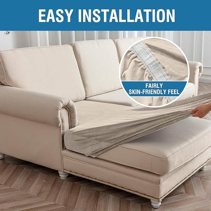 Couch Cover 6-Piece Elastic Velvet Couch Cushion Covers & Chaise Slipcovers for L-Shaped Sofas - Sofa Seat Covers Washable, Soft Protector for Couches (5 Seater + Chaise, Taupe)