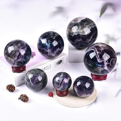 JIC Gem Large Colorful Fluorite Crystal Sphere Ball with Wooden Stand Fluorite Healing Decorative Ball 100-110mm
