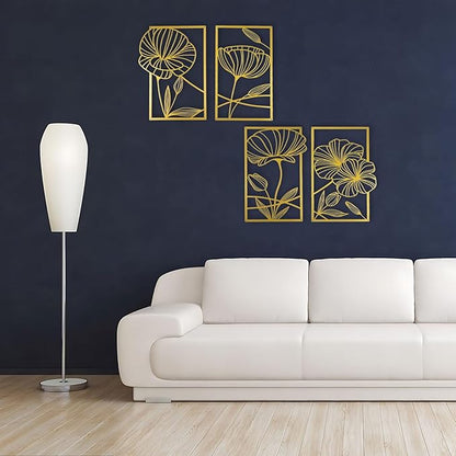 ESTART 4 Pieces Metal Lotus Wall Decor Abstract Floral Aesthetic Splicing Line Art Minimalist Wall Decor for Bedroom Flowers Hanging Wall Sculpture for Living Room Kitchen Office and Yoga Room (Gold)