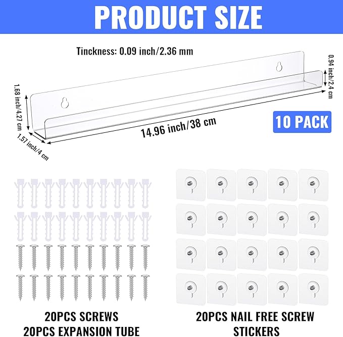 10 Pieces Acrylic Card Display Shelf Wall Mount Sport Card Displays Shelves Vinyl Records Wall Display Shelf Hold Up to 50 Trading Cards for BGS Graded Trading Slabs