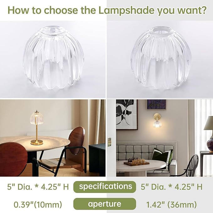 Tulip Lamp Shades Replacement, 5" Dia. * 4.25" H，0.394” Top Hole Clear Glass Sconce Shade Heavy and Thick for Table Lamp, 2 Pack