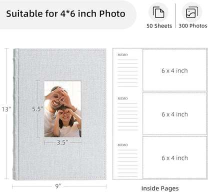 Vienrose Photo Album 4x6 300 Photos Linen Frame Cover with Memo Areas Photobook Large Capacity Slip-in Pictures Book for Wedding Baby Vacation, Lightgrey
