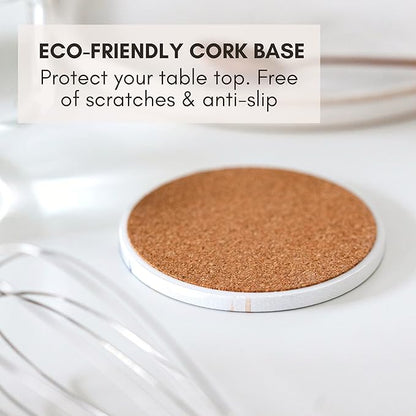 Ceramic Absorbent Coasters Set of 6 with Holder, Marble Drink Coasters for Coffee Table, Water Absorbing Coaster (White)