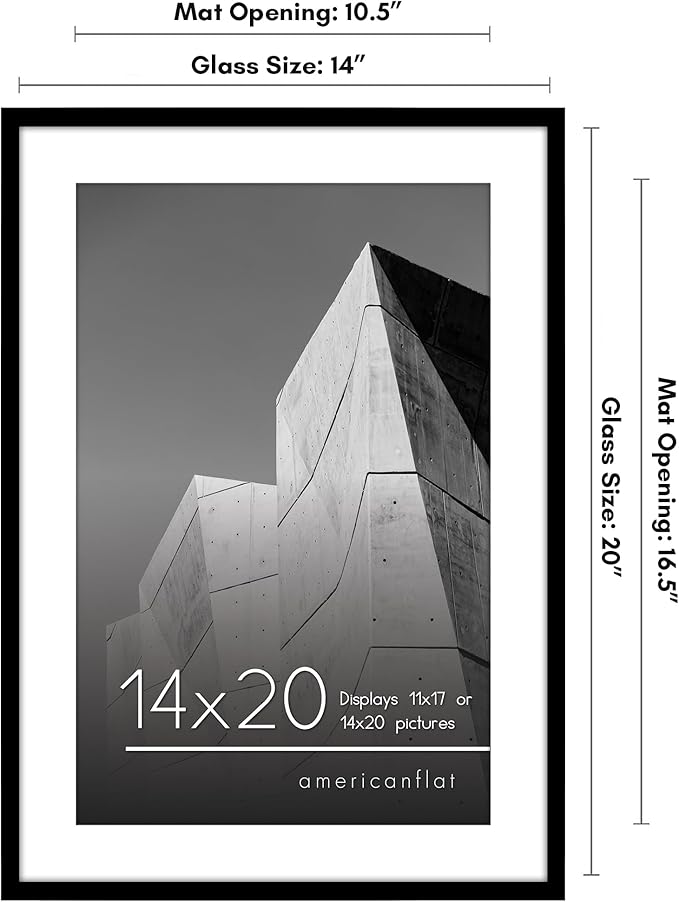 Americanflat 14x20 Picture Frame with Polished Plexiglass - Use as 11x17 Frame with Mat or Display 14x20 Photo Without Mat - Streamline Collection - Thin Border Picture Frames for Wall - Black