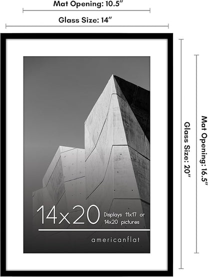 Americanflat 14x20 Picture Frame with Polished Plexiglass - Use as 11x17 Frame with Mat or Display 14x20 Photo Without Mat - Streamline Collection - Thin Border Picture Frames for Wall - Black