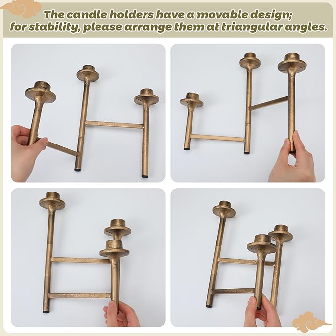 3 Arm Taper Brass Candelabra Vintage Foldable Metal Candle Holder for Fireplace Mantel Entryway Table Home Decor 10.25" H x 14" W x 2.5" D