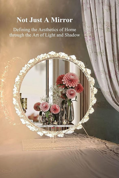 Crystal LED Vanity Mirror with Touch Control 3 Color Lights, Dimming 360° Rotation Desktop Elegant Decorative Hollywood HD Makeup Mirror