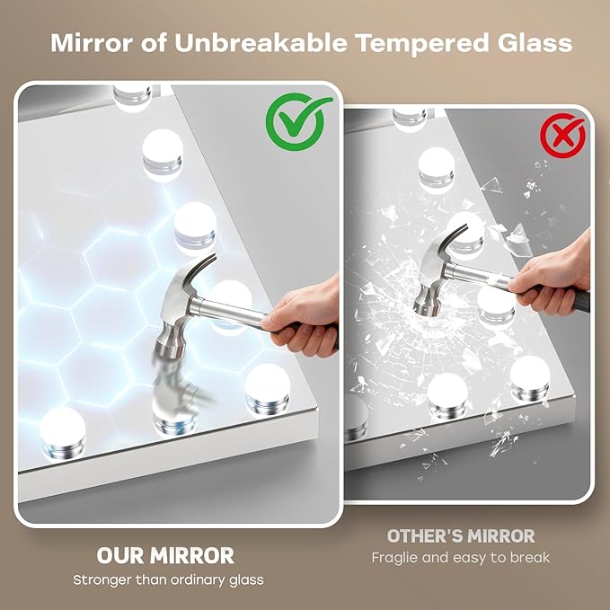 VESAUR Hollywood Vanity Mirror with Lights, Large Lighted Makeup Mirror with 15 Touch Dimmable LED Bulbs, 3 Colors,10X/15X Magnification, USB/Type-C Charging Port, Aluminum Frame, Tabletop/Wall Mount