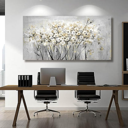 VAYIMDH Gold Pictures Wall Decor Living Room Wall Hanging White and Grey Vintage Posters Floral Photo Prints for Bedroom Dining Room 24x48 Inch