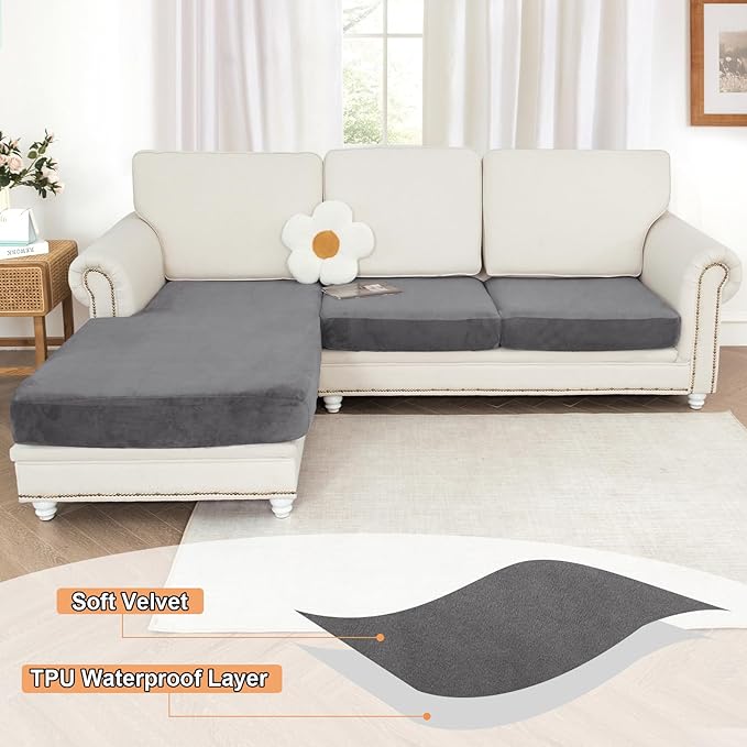 NAISI Waterproof Couch Cushion Covers Thick Velvet Fabric Washable Sofa Slipcovers Sectional Couch Covers for 3 Pieces Separate L Shape Couch Cover with Elastic Bottom(2 Seater + 1 Chaise,Grey)
