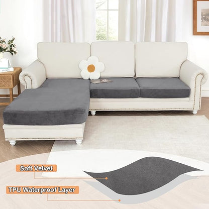 NAISI Waterproof Couch Cushion Covers Thick Velvet Fabric Washable Sofa Slipcovers Sectional Couch Covers for 3 Pieces Separate L Shape Couch Cover with Elastic Bottom(2 Seater + 1 Chaise,Grey)