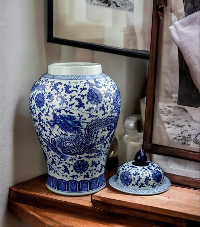 24" Classic Blue and White Dragon Porcelain Ceramic Temple Ginger Jar Vase, Large China Qing Style (Dragon)