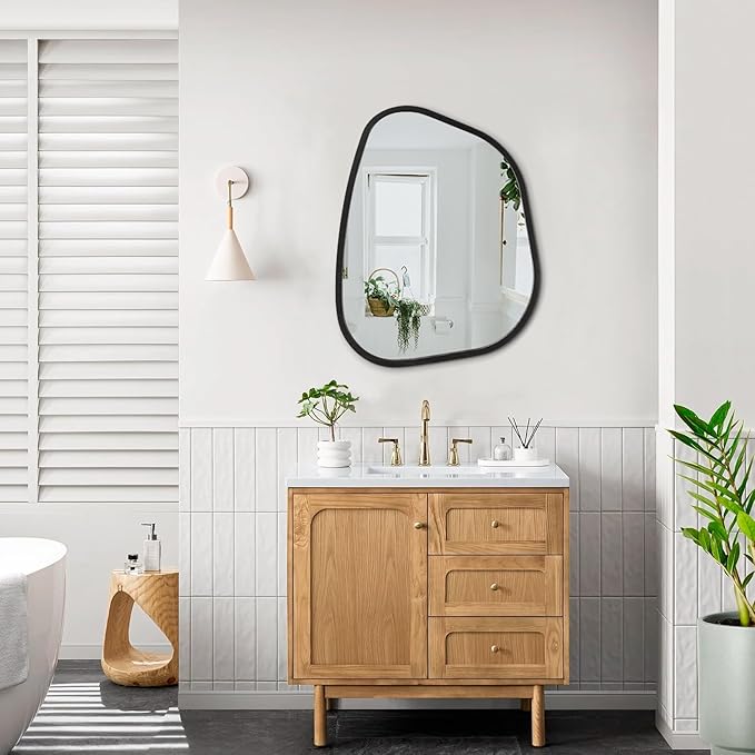 Irregular Wall Mirror Asymmetrical White Mirror Modern Wood Frame Unique Shape Wall Mounted Vanity Artistic Mirror Decor for Living Room Bedroom Bathroom Entryway Hallway 20"x16"