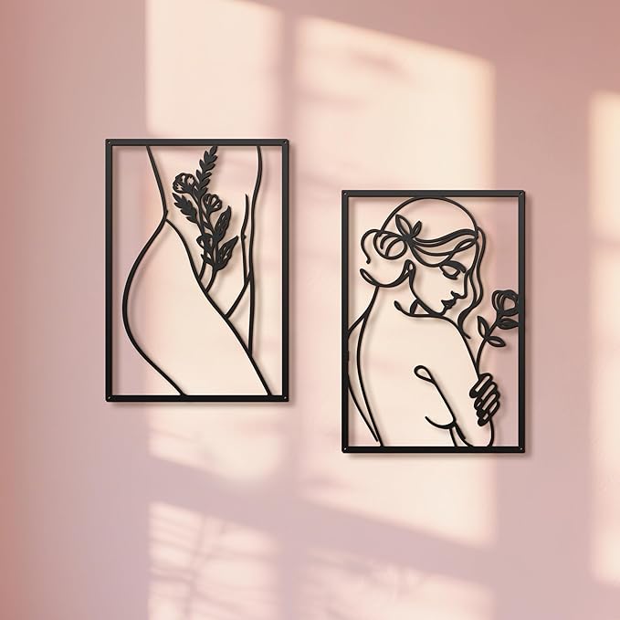 Eilopaa 4 Pack Black Wall Art Décor for living room, Metal Minimalist Abstract Wall Décor bathroom, Single Line Woman's Body Shape Modern Wall Art, Size 17 X 11.8 inches