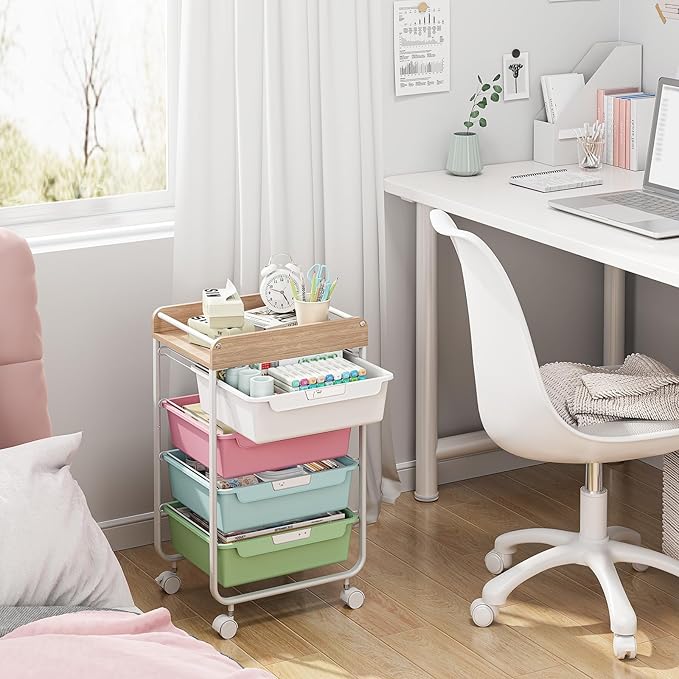 Rolling Storage Utility Cart With 4 Drawers,Kids Craft Art Cart,Makeup Organizer And Storage with Wooden Tabletop,Rainbow