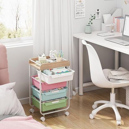 Rolling Storage Utility Cart With 4 Drawers,Kids Craft Art Cart,Makeup Organizer And Storage with Wooden Tabletop,Rainbow