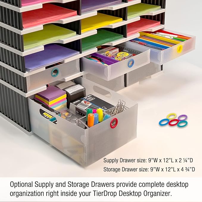 Ultimate Office Desktop Organizer 12 Letter Tray Sorter PLUS Riser Storage Base for Easy Access to Lower Slots, Desk Accessories & Supplies. Optional File Topper & Drawers