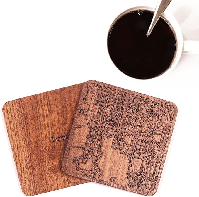 Tampa Map Coaster by O3 Design Studio, Set of 4, Sapele Wooden Coaster with city map, Multiple city optional, Handmade