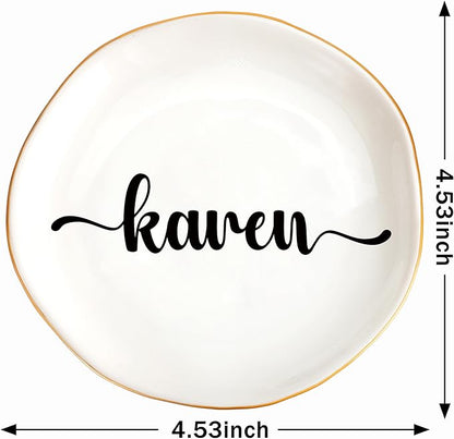 JoycuFF Karen Personalized Name Ceramic Jewelry Tray, Mothers Day Christmas Anniversary Engagement Birthday Gifts for Women Couples, Trinket Dish for Rings Earrings Necklaces Bracelets Keys