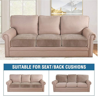 H.VERSAILTEX Velvet Stretch Couch Cushion Cover Plush Cushion Slipcover for Chair Loveseat Sofa Cushion Furniture Protector Seat Cushion Sofa Cover (3 Piece XL Sofa Cushion Covers, Taupe)
