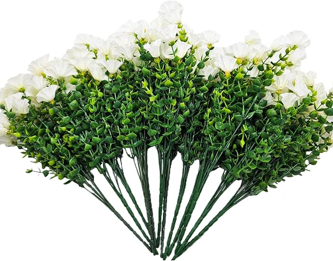Artificial Silk Flowers for Outdoor Decoration,12 Bundles Faux Flowers Colorful Morning Glory with Eucalyptus Fake Plants Greenery UV Resistant for Outside Front Door Planter Porch Patio Yard