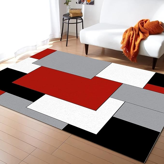 Red Black Geometric Graffiti Area Rugs, Abstract Color Red Black Gray Splicing Art Home Decor Rug, Machine Washable Breathable Durable Carpet for Living Room Bedroom Room Farmhouse,6 x 8ft