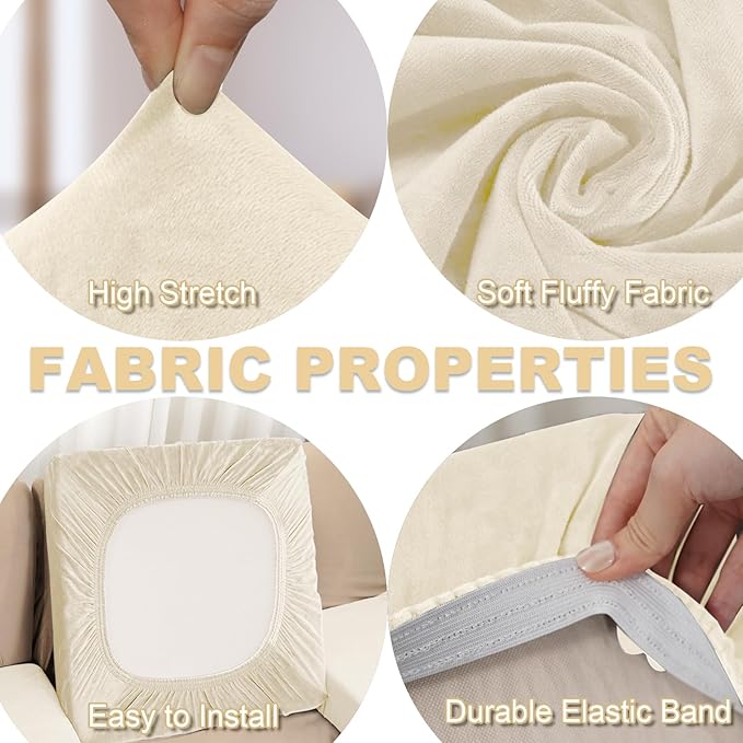 Sectional Couch Covers for 3-Piece Seat Cushion Velvet Separate L Shape Couch Cover Stretch Sofa Slipcover with 2 Pieces Pillowcases Furniture Protector (Sofa 2 Seater + 1 Chaise, Milk White)