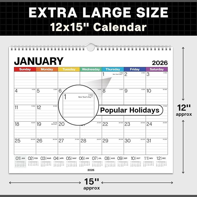 Dunwell 12x15 Wall Calendar 2026 (Colorful), Use Jan to Dec 2026, Large Lined 12 x 15 Monthly Calendar, Professional Styling for Home or Office, Premium Paper