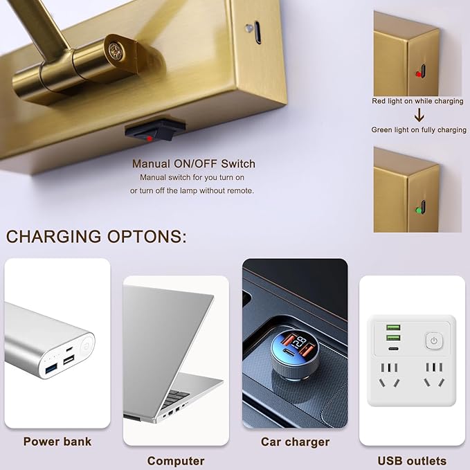 12.6 inch LED Wireless Picture Lights for Wall Rechargeable, Battery Operated Art Light for Paintings, 3CCT Dimmable, Brass Finish with Remote, Rotatable Gallery Light for Pictures Display