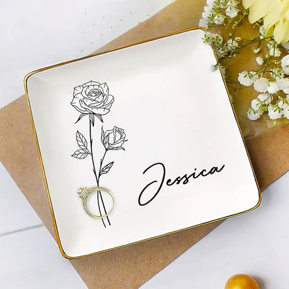 Gossby Personalized Jewelry Tray - Gift for Women Mom Friend with Birth Month Flower Name - Ceramic Trinket Tray Dish Plate for Ring Earring Bracelet - Gift Mothers Day Birthday Christmas V5